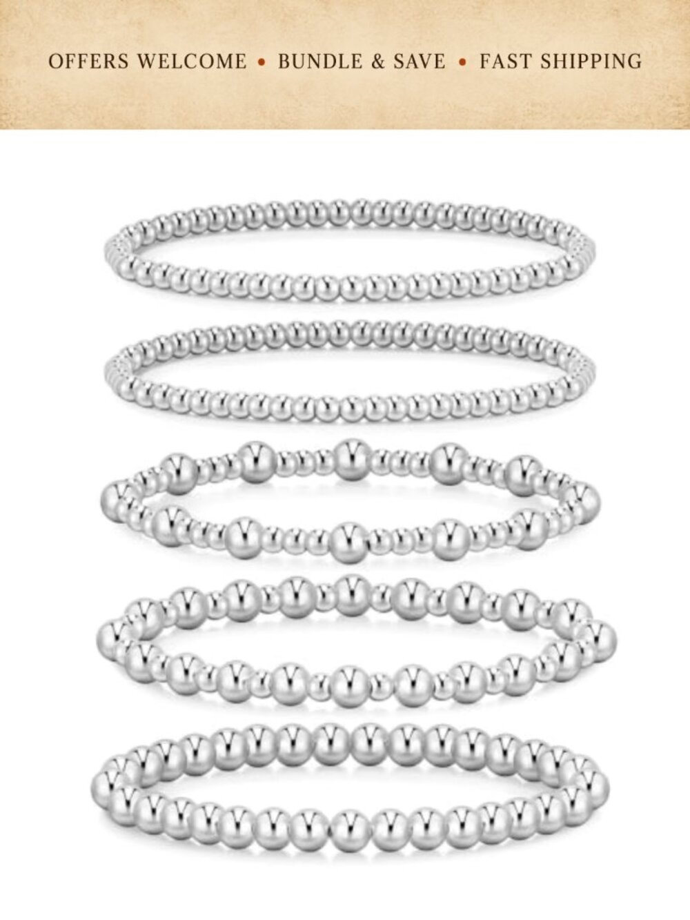 Gold Beaded Bracelet Set Stackable Stretch Bead Ball Strand Adjustable Bohemian